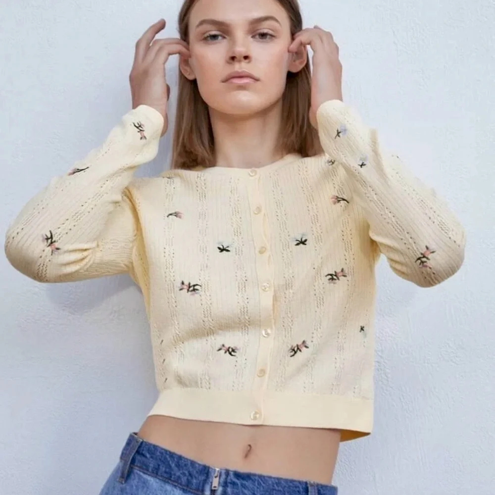 Zara Floral Embroidered Pointelle Knit Cardigan in Butter Yellow - Picture 1 of 10